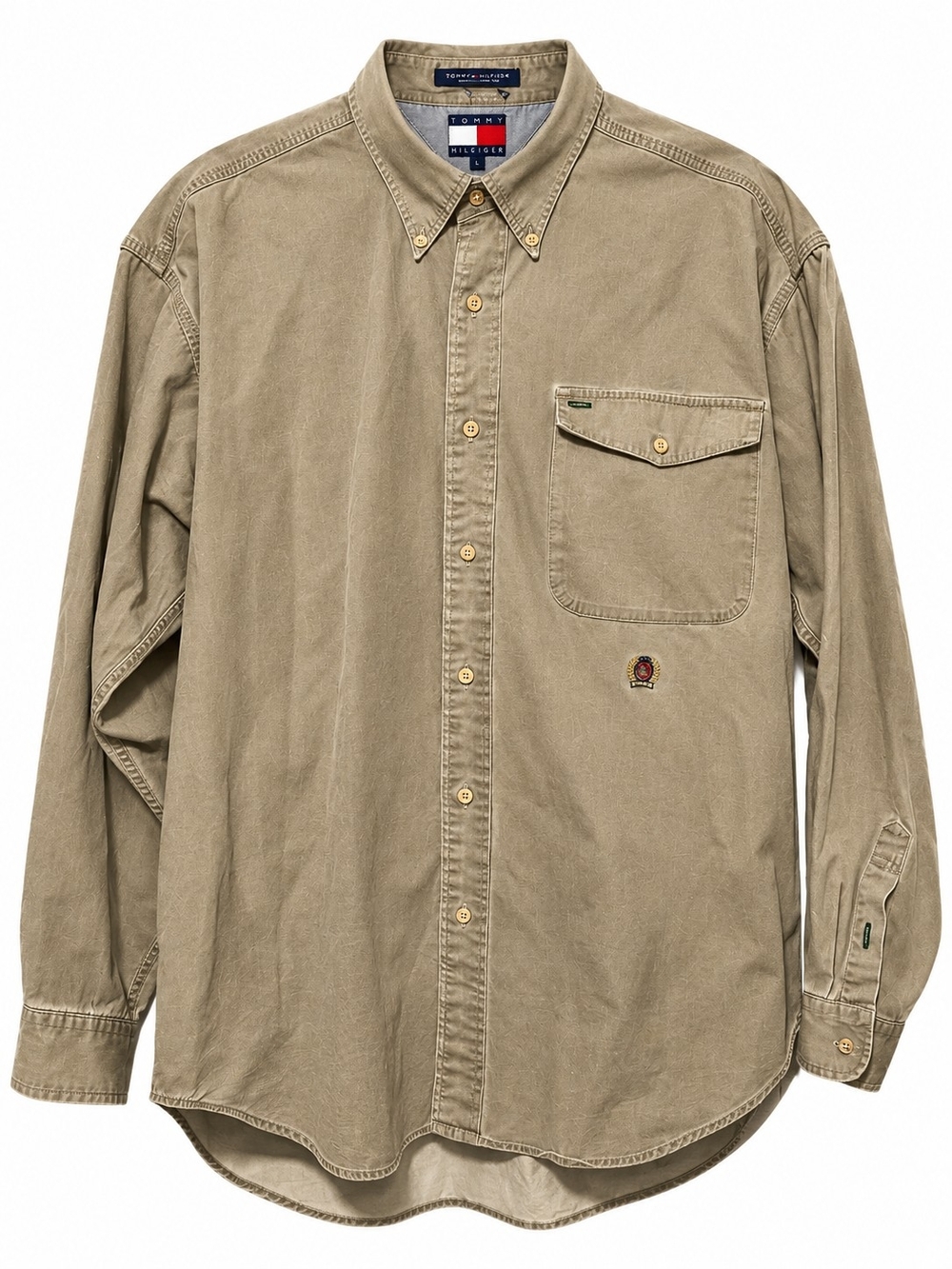 Vintage 90s Tommy Hilfiger Men's L Khaki Button Down Shirt Crest Logo Flag Tag